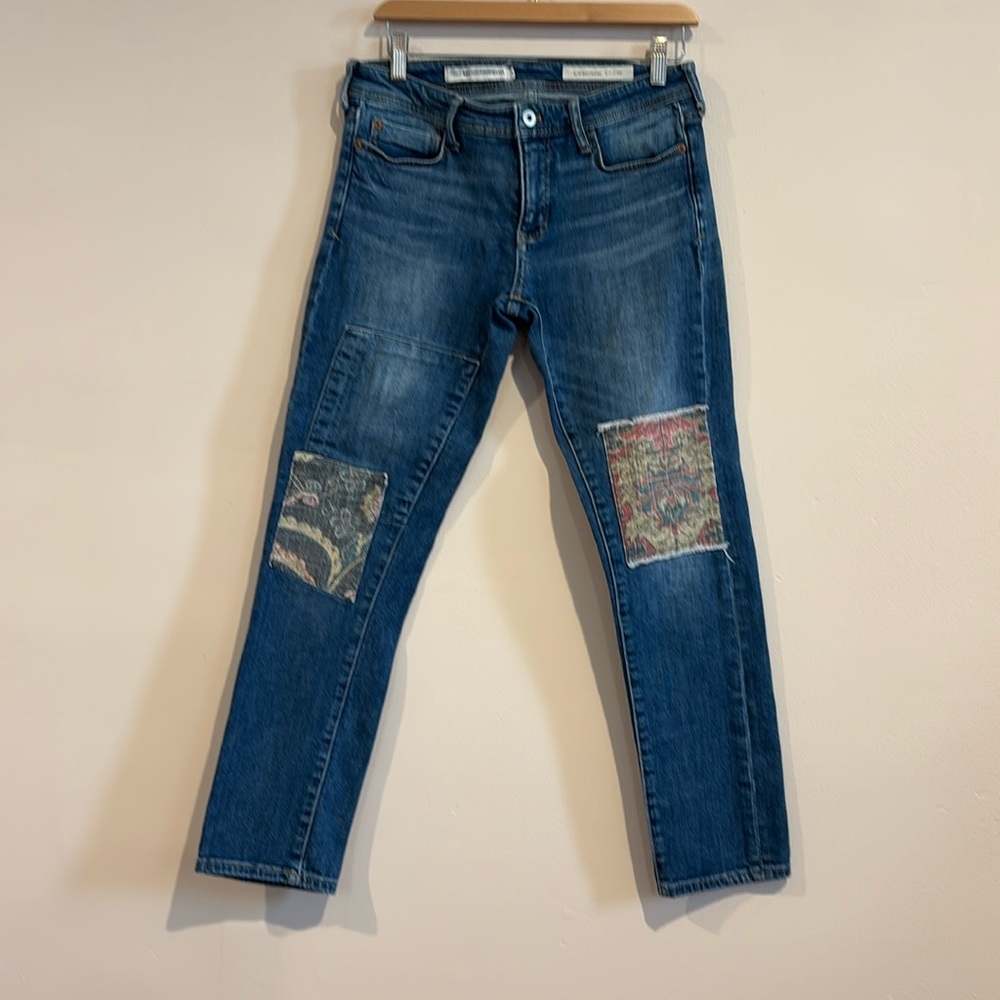 Pilcro and the Letterpress Dark Blue Boyfriend Jeans with Patterned Knee Patches